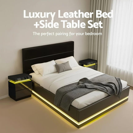 Artiss RGB LED Queen Bed Frame with 2 Beside Tables Set 16 Colour Mood Lighting.