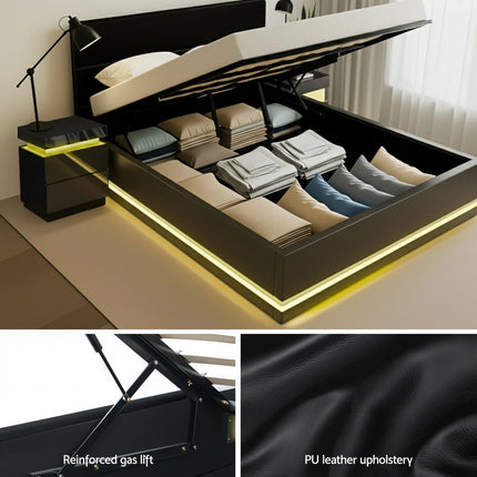 Artiss RGB LED Queen Bed Frame with 2 Beside Tables Set 16 Colour Mood Lighting.