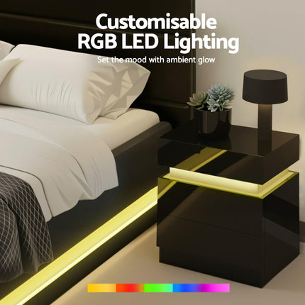 Artiss RGB LED Queen Bed Frame with 2 Beside Tables Set 16 Colour Mood Lighting.