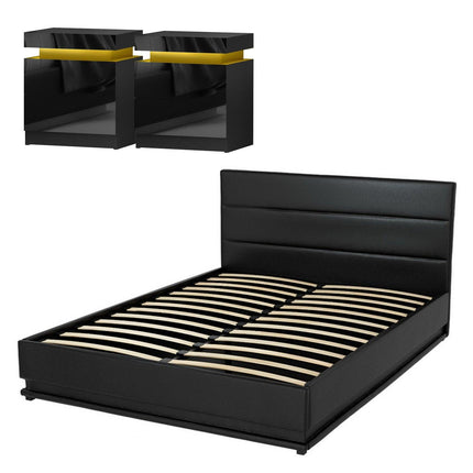 Artiss RGB LED Queen Bed Frame with 2 Beside Tables Set 16 Colour Mood Lighting.