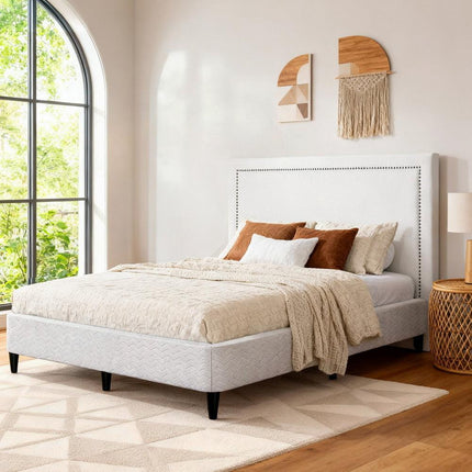 Artiss Queen Bed Frame with Headboard Platform Bed Base Grey Beige Fabric Metal.