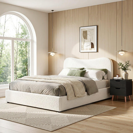 Artiss Double Bed Frame and Bedside Table Set Boucle Beige with Headboard Black Nightstand.