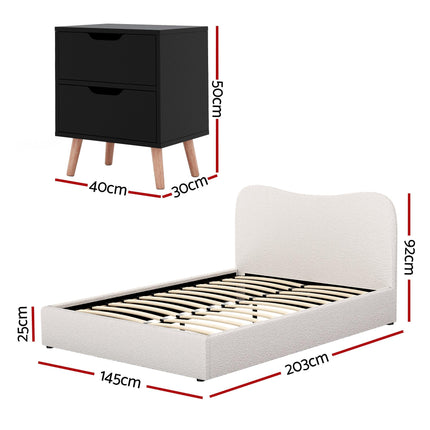 Artiss Double Bed Frame and Bedside Table Set Boucle Beige with Headboard Black Nightstand.