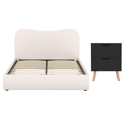Artiss Double Bed Frame and Bedside Table Set Boucle Beige with Headboard Black Nightstand.