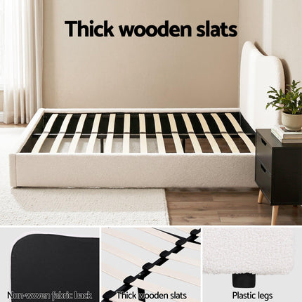 Artiss Double Bed Frame and Bedside Table Set Boucle Beige with Headboard Black Nightstand.