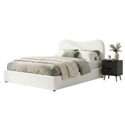 Artiss Double Bed Frame and Bedside Table Set Boucle Beige with Headboard Black Nightstand.