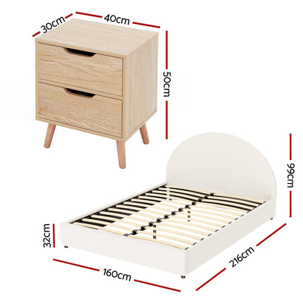 Artiss Gas Lift Queen Bed Frame with Bedside Table Set Boucle Fabric Upholstered Platform Bed Nightstand.