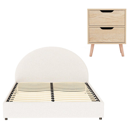 Artiss Gas Lift Queen Bed Frame with Bedside Table Set Boucle Fabric Upholstered Platform Bed Nightstand.