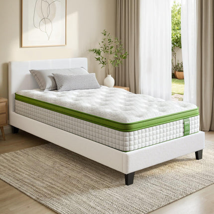 Artiss Single Bed Frame with Hybrid Mattress Set 30cm Medium Firm Platform Headboard Boucle Upholstered Pocket Coil for Pressure Relief.