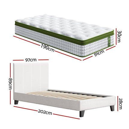 Artiss Single Bed Frame with Hybrid Mattress Set 30cm Medium Firm Platform Headboard Boucle Upholstered Pocket Coil for Pressure Relief.