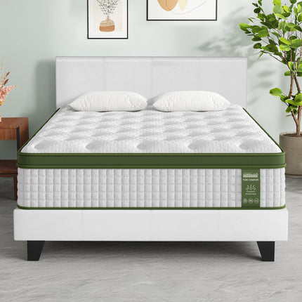Artiss BedStory Queen Bed Frame Set with Hybrid Mattress and Leather Frame Medium White.