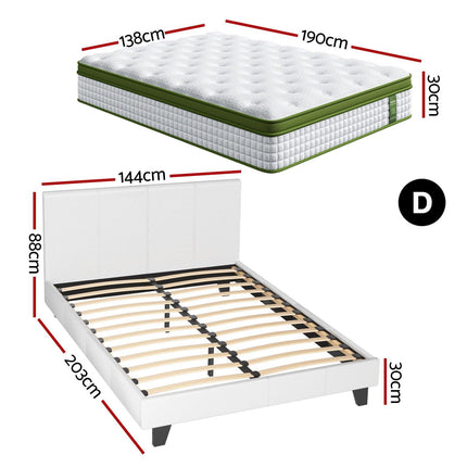 Artiss Double Bed Frame Platform White PVC Leather Hybrid Mattress Modern.