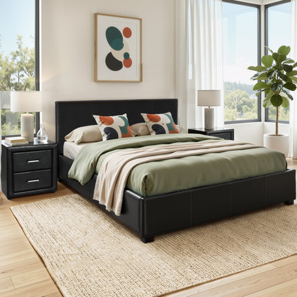 Artiss Gas Lift Queen Bed Frame and Bedside Table Set Leather Black.