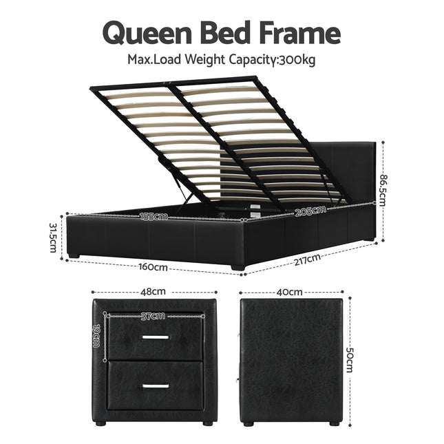 Artiss Gas Lift Queen Bed Frame and Bedside Table Set Leather Black.