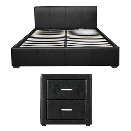 Artiss Gas Lift Queen Bed Frame and Bedside Table Set Leather Black.