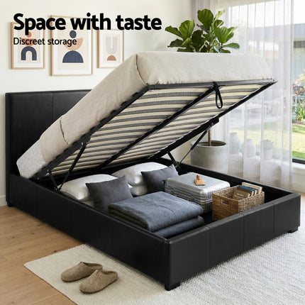Artiss Gas Lift Queen Bed Frame and Bedside Table Set Leather Black.