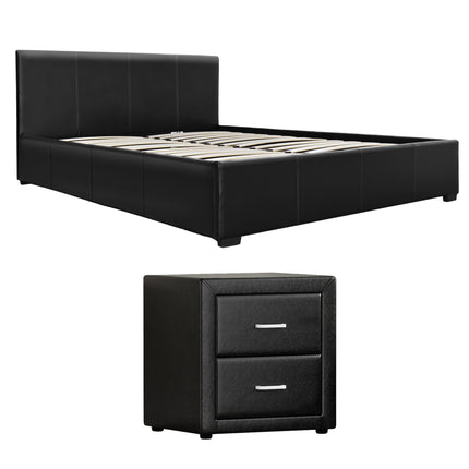 Artiss Gas Lift Queen Bed Frame and Bedside Table Set Leather Black.