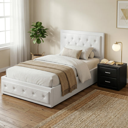 Artiss King Single Bed Frame Storage White Leather Gas Lift Bed Black Bedside Table Set.