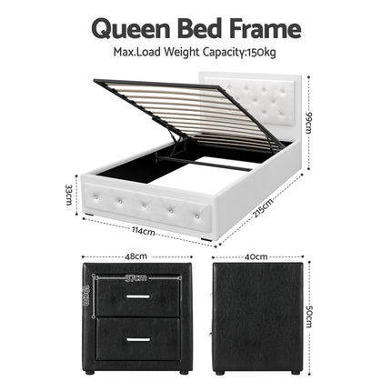 Artiss King Single Bed Frame Storage White Leather Gas Lift Bed Black Bedside Table Set.