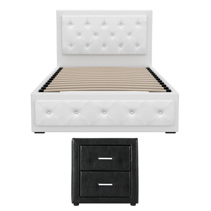 Artiss King Single Bed Frame Storage White Leather Gas Lift Bed Black Bedside Table Set.