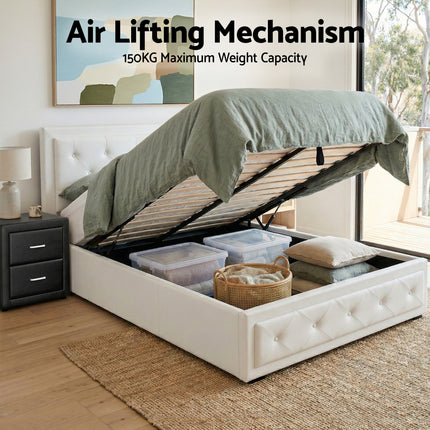 Artiss King Single Bed Frame Storage White Leather Gas Lift Bed Black Bedside Table Set.