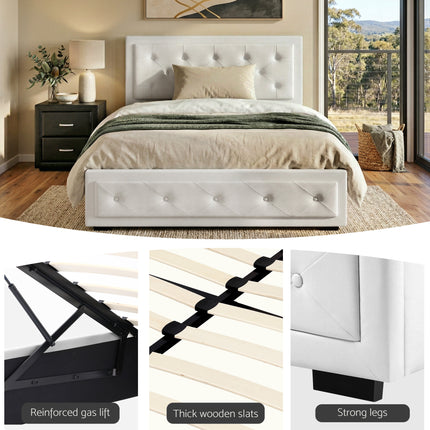 Artiss King Single Bed Frame Storage White Leather Gas Lift Bed Black Bedside Table Set.