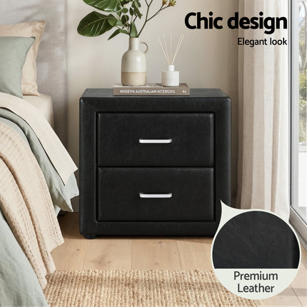 Artiss King Single Bed Frame Storage White Leather Gas Lift Bed Black Bedside Table Set.