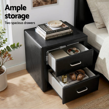 Artiss King Single Bed Frame Storage White Leather Gas Lift Bed Black Bedside Table Set.
