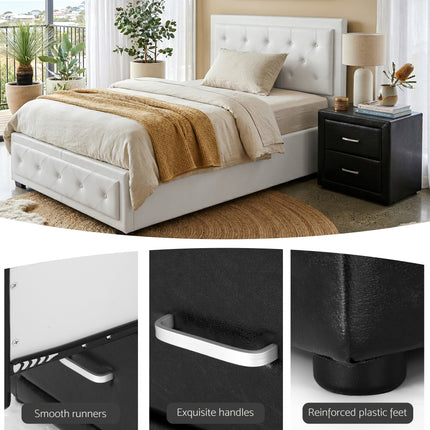 Artiss King Single Bed Frame Storage White Leather Gas Lift Bed Black Bedside Table Set.