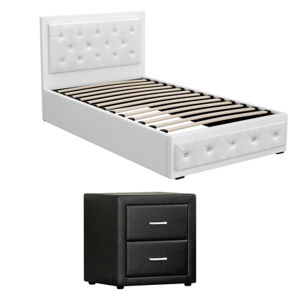 Artiss King Single Bed Frame Storage White Leather Gas Lift Bed Black Bedside Table Set.