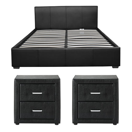 Artiss Gas Lift Queen Bed Frame and 2 Bedside Table Set Leather Black.