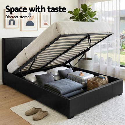 Artiss Gas Lift Queen Bed Frame and 2 Bedside Table Set Leather Black.