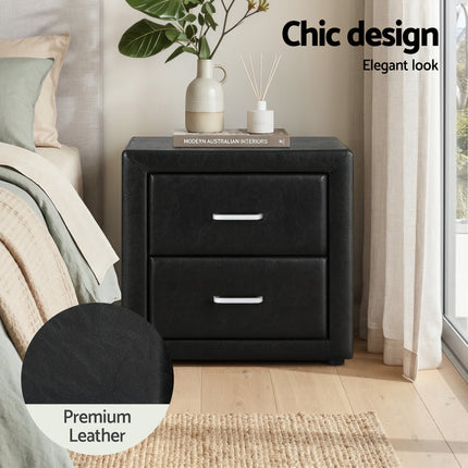Artiss Gas Lift Queen Bed Frame and 2 Bedside Table Set Leather Black.