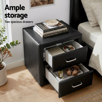 Artiss Gas Lift Queen Bed Frame and 2 Bedside Table Set Leather Black.