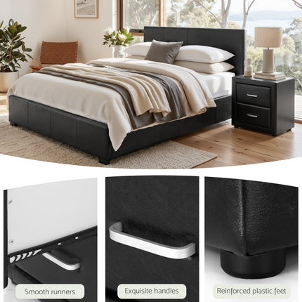 Artiss Gas Lift Queen Bed Frame and 2 Bedside Table Set Leather Black.