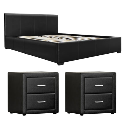 Artiss Gas Lift Queen Bed Frame and 2 Bedside Table Set Leather Black.
