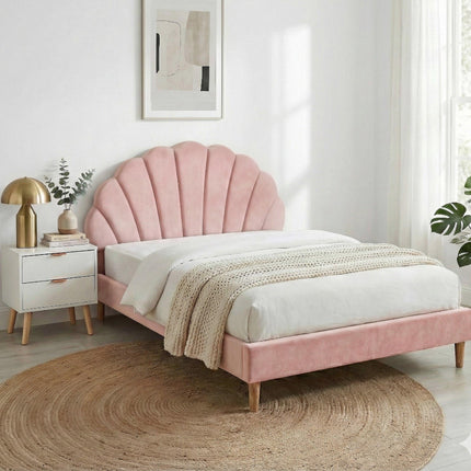 Artiss Double Bed Frame Scallop Headboard Pink Velvet with 2 Drawer Bedside Table.