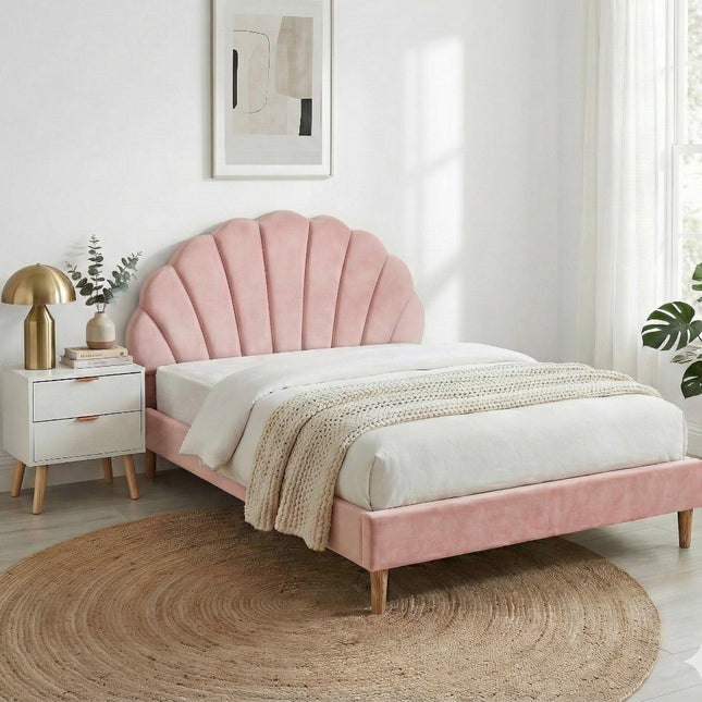 Artiss Double Bed Frame Scallop Headboard Pink Velvet with 2 Drawer Bedside Table.