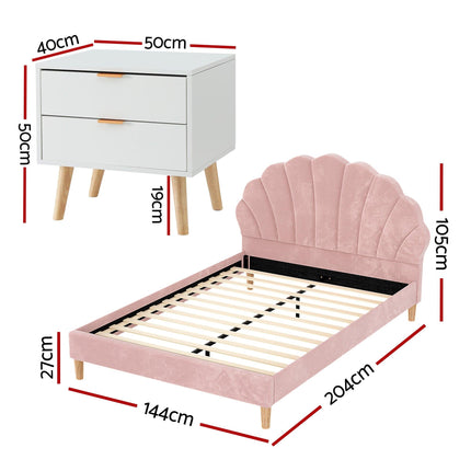 Artiss Double Bed Frame Scallop Headboard Pink Velvet with 2 Drawer Bedside Table.