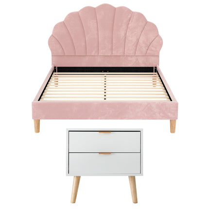 Artiss Double Bed Frame Scallop Headboard Pink Velvet with 2 Drawer Bedside Table.