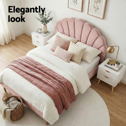 Artiss Double Bed Frame Scallop Headboard Pink Velvet with 2 Drawer Bedside Table.