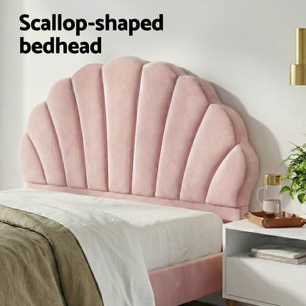 Artiss Double Bed Frame Scallop Headboard Pink Velvet with 2 Drawer Bedside Table.