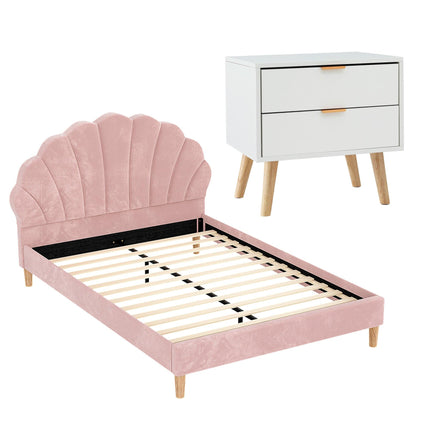 Artiss Double Bed Frame Scallop Headboard Pink Velvet with 2 Drawer Bedside Table.