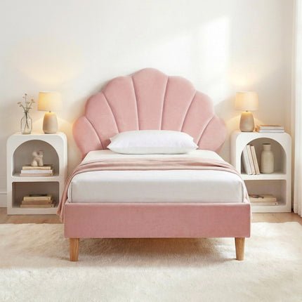 Artiss Bed Frame King Single with 2 Bedside Tables Set Scallop Headboard Pink Velvet Fabric Beds Base.