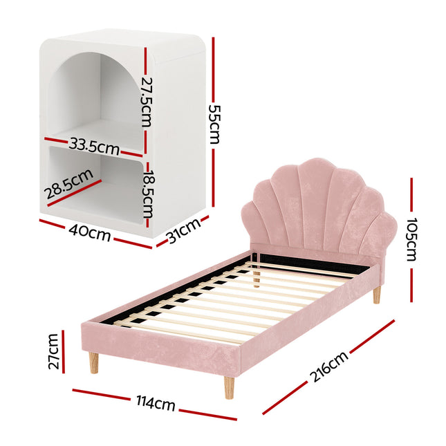 Artiss Bed Frame King Single with 2 Bedside Tables Set Scallop Headboard Pink Velvet Fabric Beds Base.