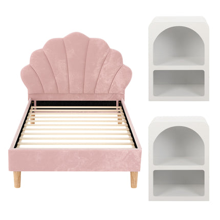 Artiss Bed Frame King Single with 2 Bedside Tables Set Scallop Headboard Pink Velvet Fabric Beds Base.