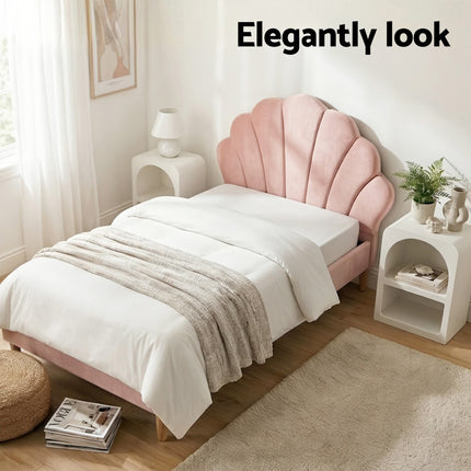Artiss Bed Frame King Single with 2 Bedside Tables Set Scallop Headboard Pink Velvet Fabric Beds Base.