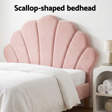 Artiss Bed Frame King Single with 2 Bedside Tables Set Scallop Headboard Pink Velvet Fabric Beds Base.
