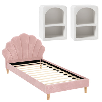 Artiss Bed Frame King Single with 2 Bedside Tables Set Scallop Headboard Pink Velvet Fabric Beds Base.