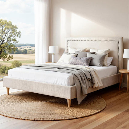 Artiss Queen Bed Frame Platform Bed Base Upholstered Headboard Linen Fabric Beige.